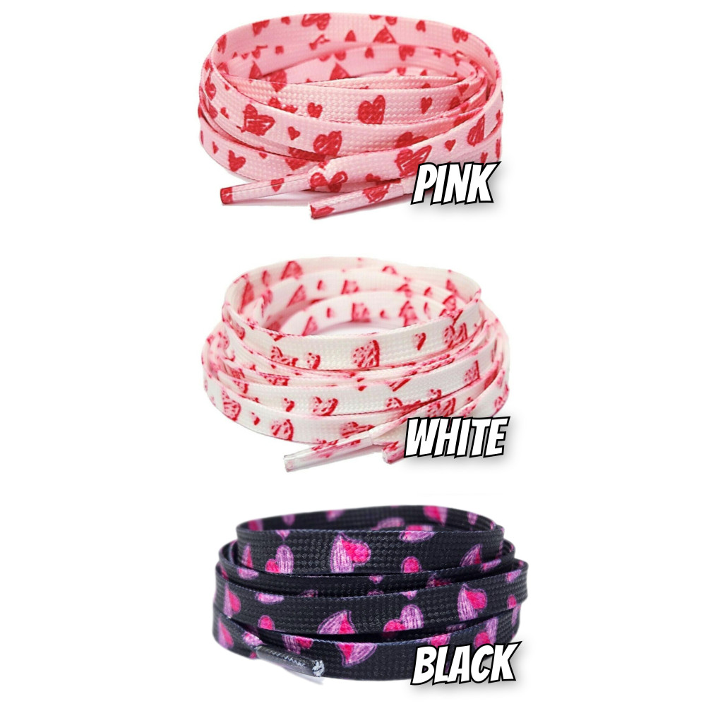 Valentine Pink Heart Flat Shoelaces - 3 colors - Pink - White - Black -